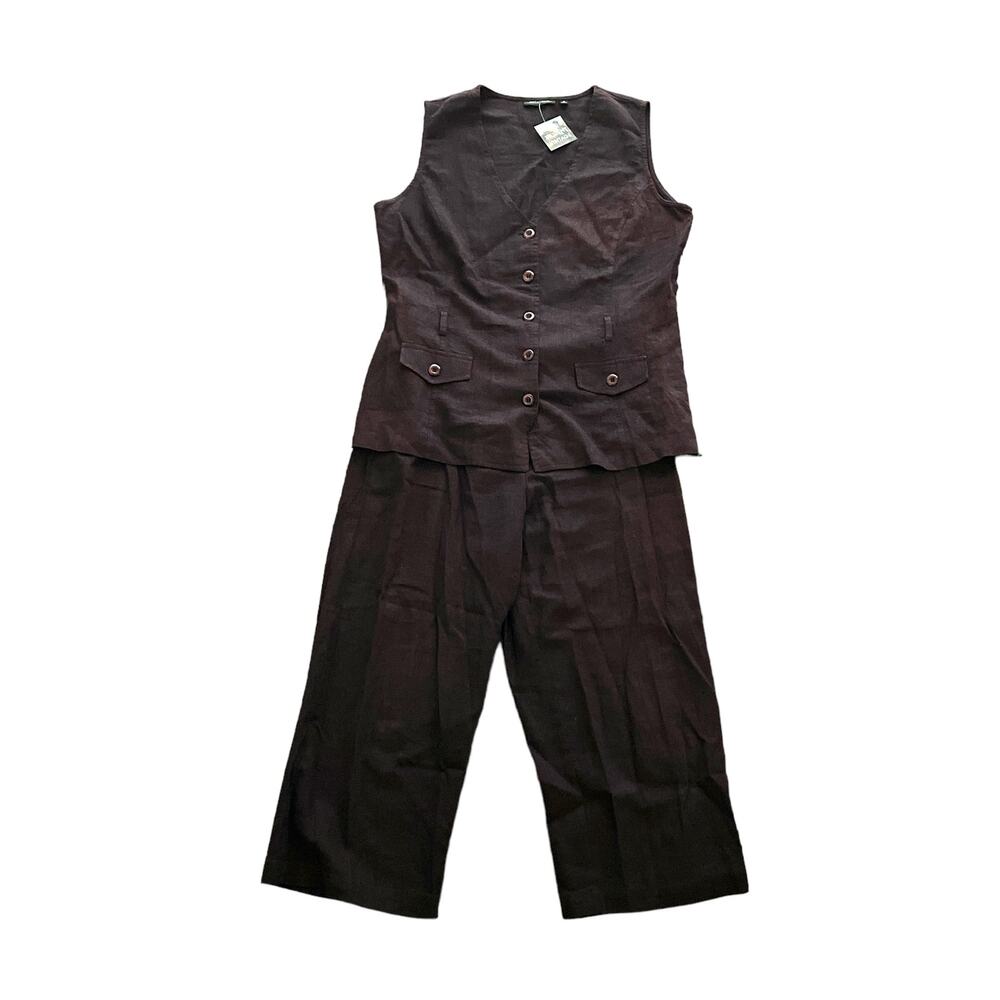 1990s Vintage Notations Chocolate Brown Linen Blend Tank Cropped Pants Set S/M